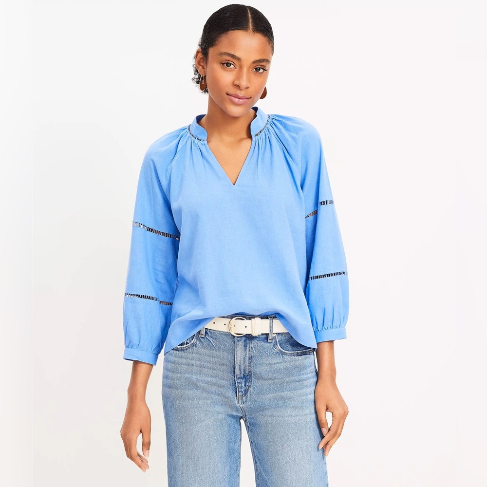 Cutout Linen Blend V-Neck Top